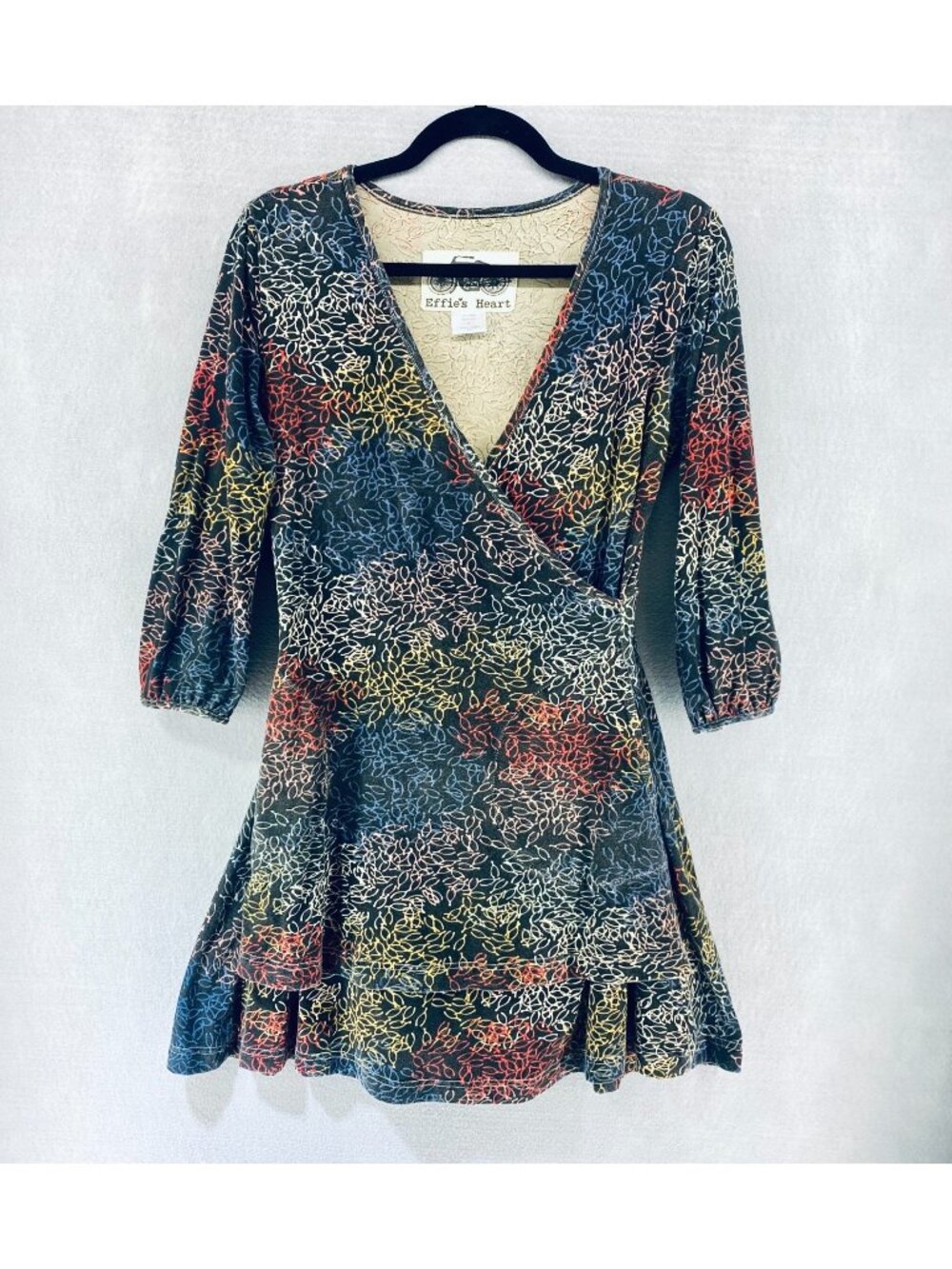 Effies Heart Dress Womens S Multicolor Floral Faux Wrap Layered Boho Abstract